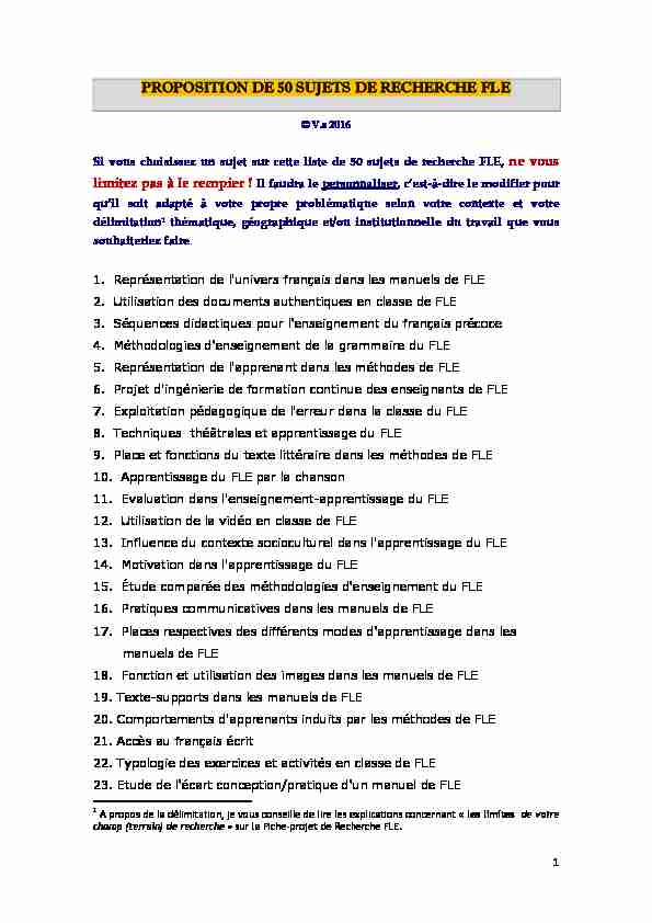 [PDF] PROPOSITION DE 50 SUJETS DE RECHERCHE FLE