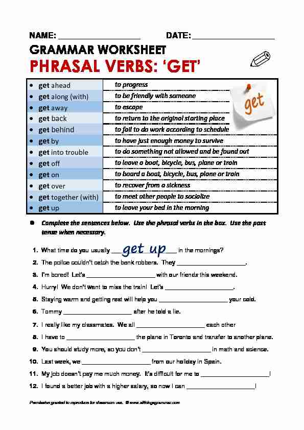 Grammar Worksheet Phrasal Verbs: Get