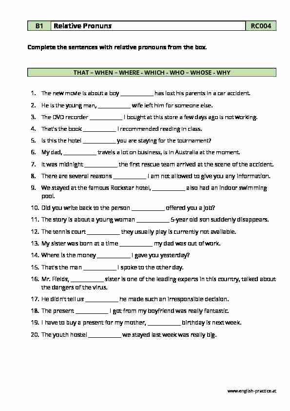 Relative Pronouns - PDF Grammar Worksheet - RC004