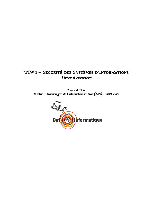 TIW4 – Sécurité des Systèmes dInformations Livret dexercices