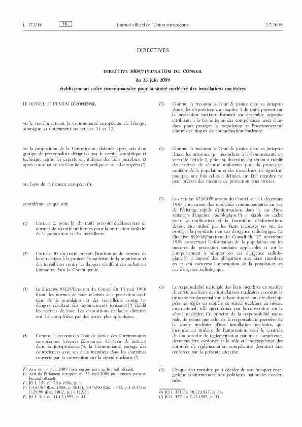 Directive 2009/71/Euratom du Conseil du 25 juin 2009 établissant