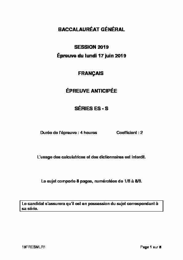 Sujet du bac S-ES Français (1ère) 2019 - Métropole