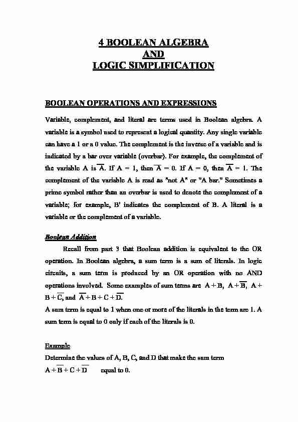 [PDF] 4 BOOLEAN ALGEBRA AND LOGIC SIMPLIFICATION