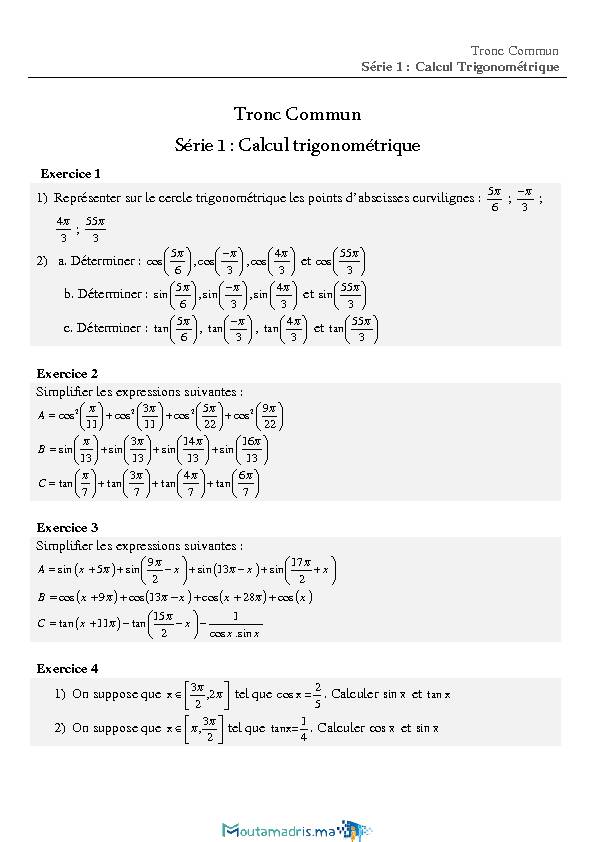Tronc Commun Série 1 : Calcul trigonométrique