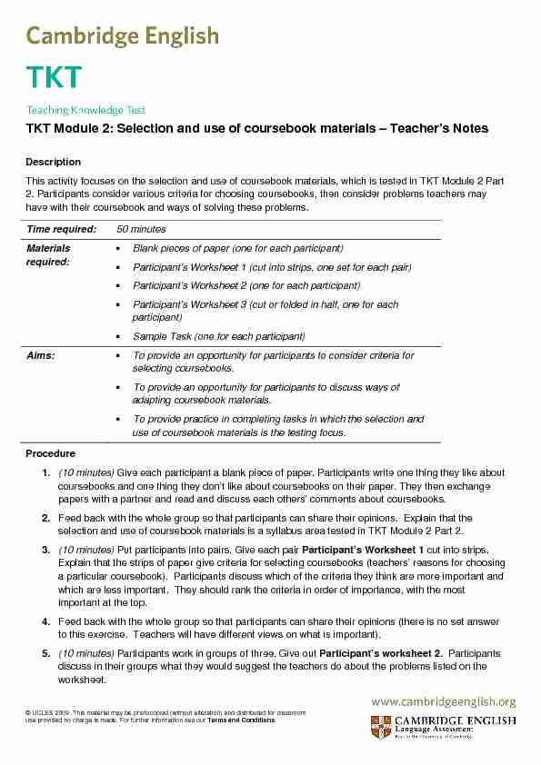 TKT Module 2: Selection and use of coursebook materials