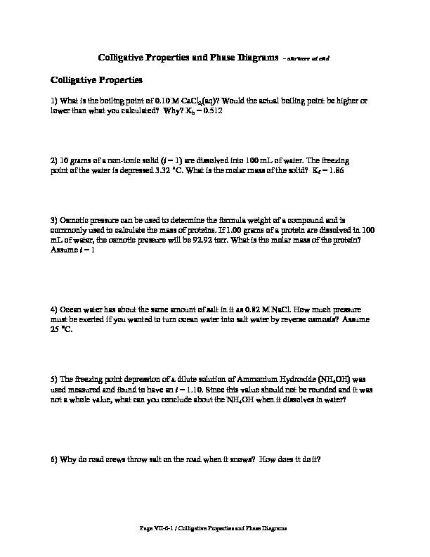 CH 222 Colligative Properties Worksheet