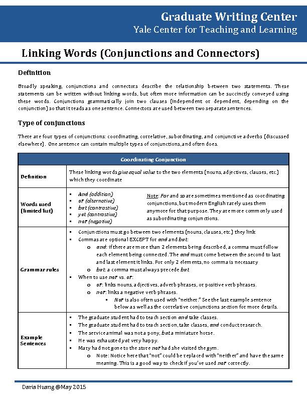 [PDF] Linking Words (Conjunctions and Connectors) - Yale Center for