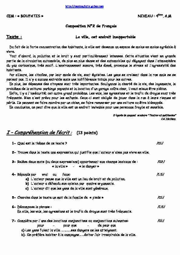 [PDF] I – Compréhension de lécrit : - cem collège boufatis - Wifeo