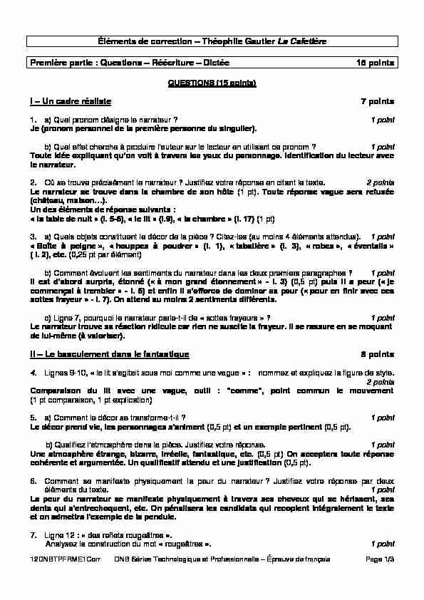 Éléments de correction – Théophile Gautier La Cafetière Première