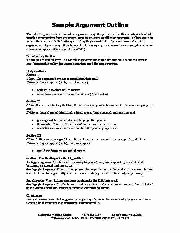 [PDF] Sample Argument Outline - University Writing Center - UCF