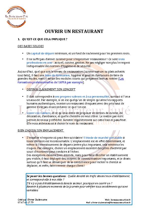 [PDF] DOSSIER COMPLET OUVRIR UN RESTAURANT PDF