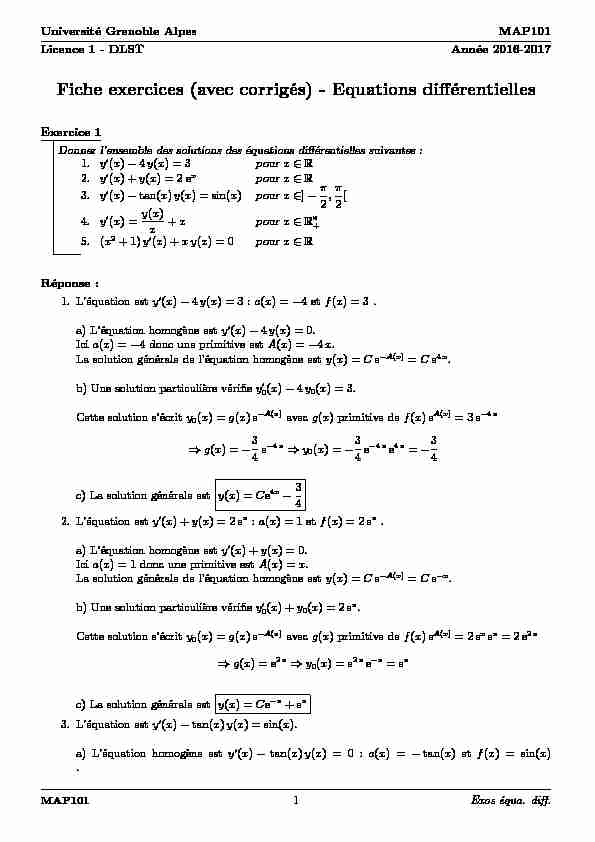Fiche exercices (avec corrigés) - Equations différentielles