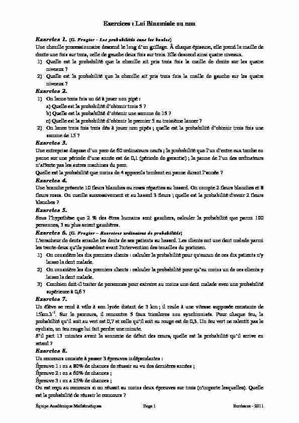 [PDF] Exercices : Loi Binomiale ou non