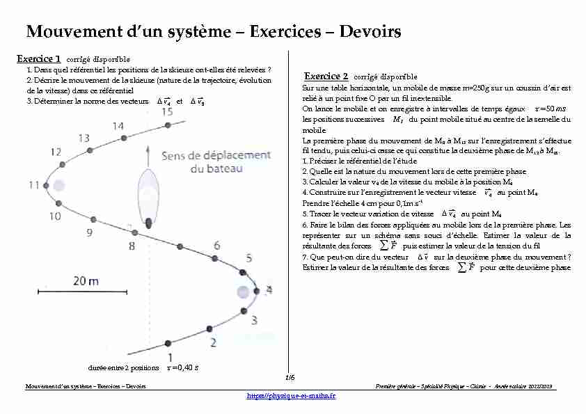 Première générale - Mouvement dun système - Exercices - Devoirs