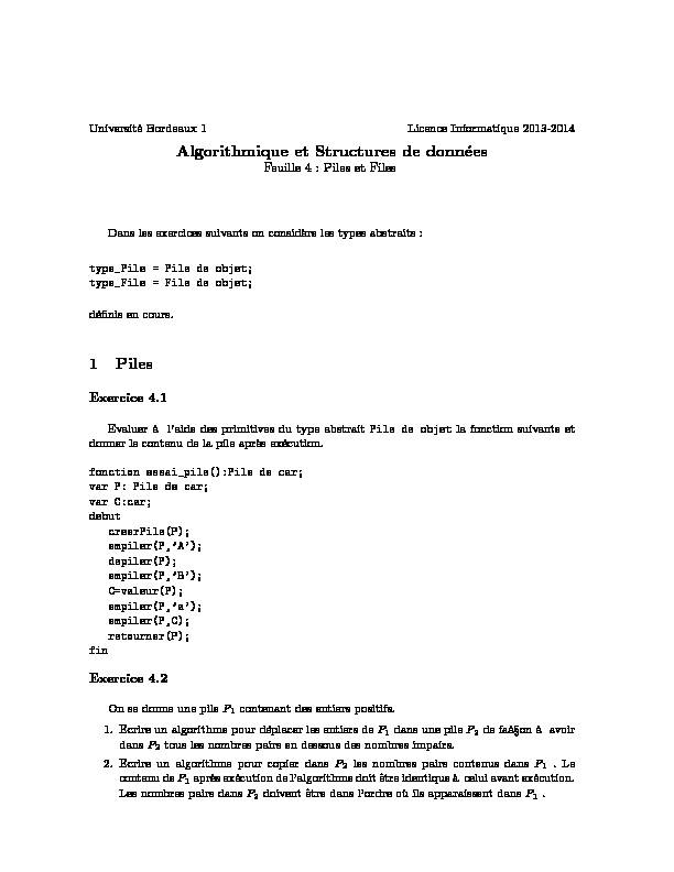 [PDF] Algorithmique et Structures de données 1 Piles - LaBRI