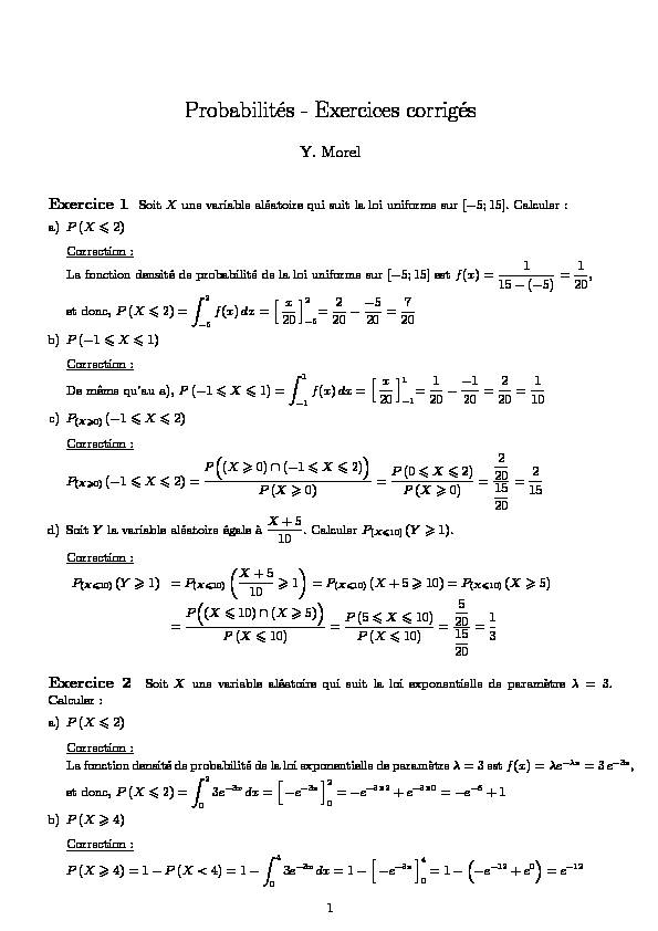 [PDF] Probabilités - Exercices corrigés - XyMaths