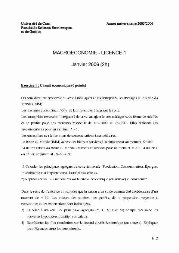 [PDF] MACROECONOMIE LICENCE 1 Janvier 2006 (2h)