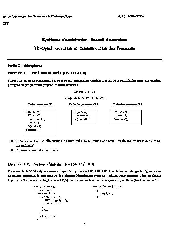 [PDF] Systèmes dexploitation –Recueil dexercices TD-Synchronisation et