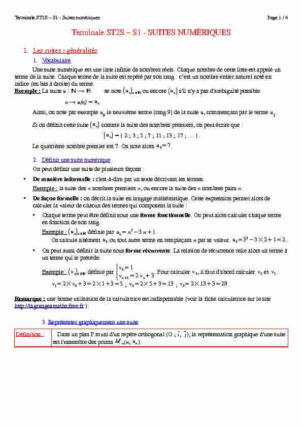 [PDF] Terminale ST2S – S1 - SUITES NUMÉRIQUES - La Grange A Maths