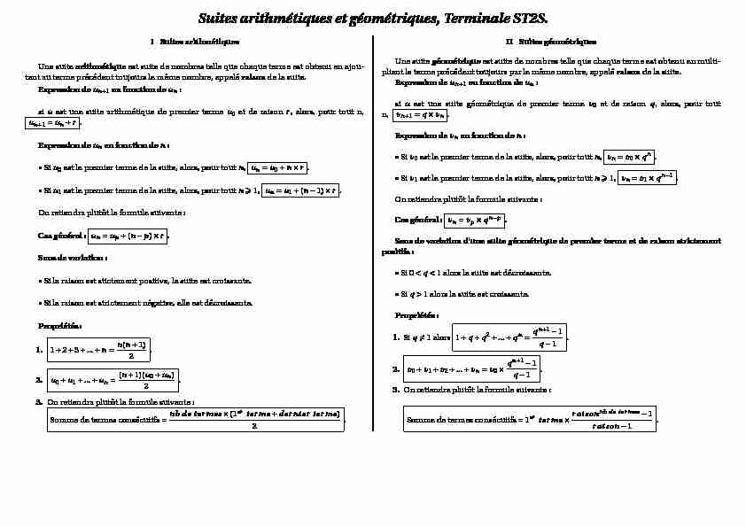 Suites arithmétiques et géométriques Terminale ST2S.