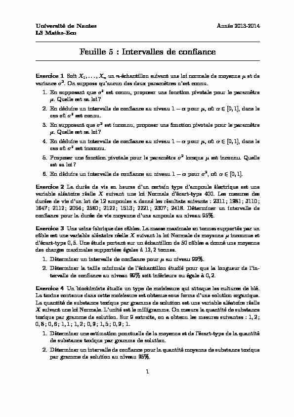 [PDF] Feuille 5 : Intervalles de confiance - Université de Nantes