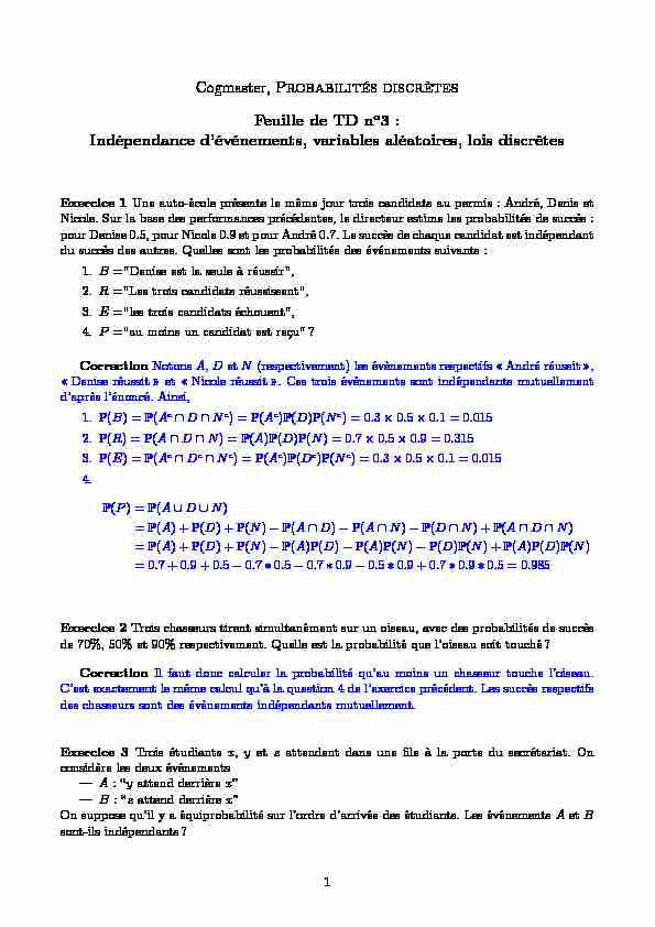[PDF] Cogmaster, Probabilités discrètes Feuille de TD no3 : Indépendance