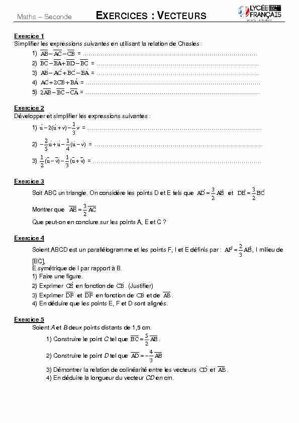 [PDF] EXERCICES : VECTEURS - Math2Cool