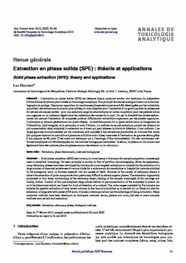 Extraction en phase solide (SPE) - Annales de Toxicologie Analytique