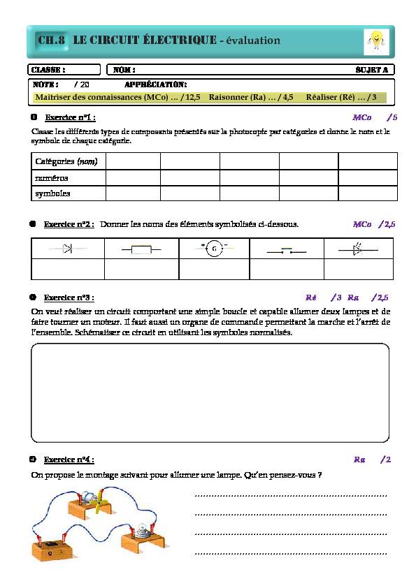 pdf CH 8 LE CIRCUIT ÉLECTRIQUE - évaluation