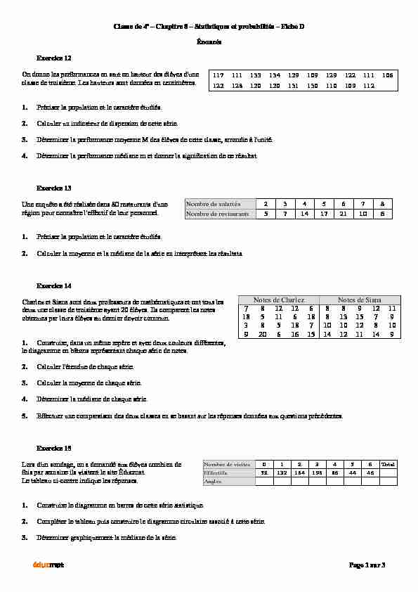 [PDF] Classe de 4e – Chapitre 8 – Statistiques et probabilités  - éducmat