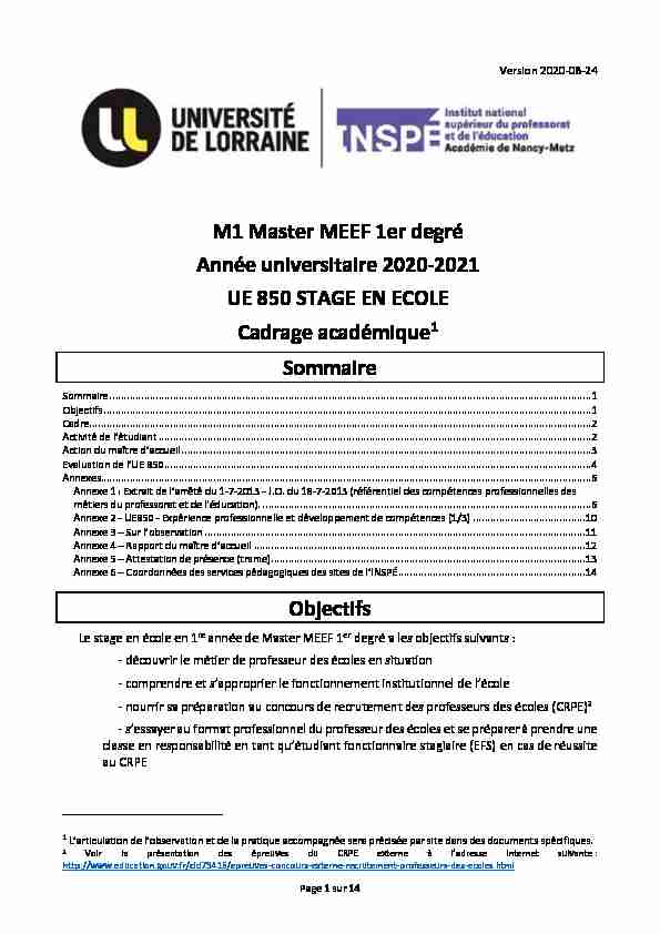 [PDF] M1 Master MEEF 1er degré Année universitaire 2020-2021 UE 850