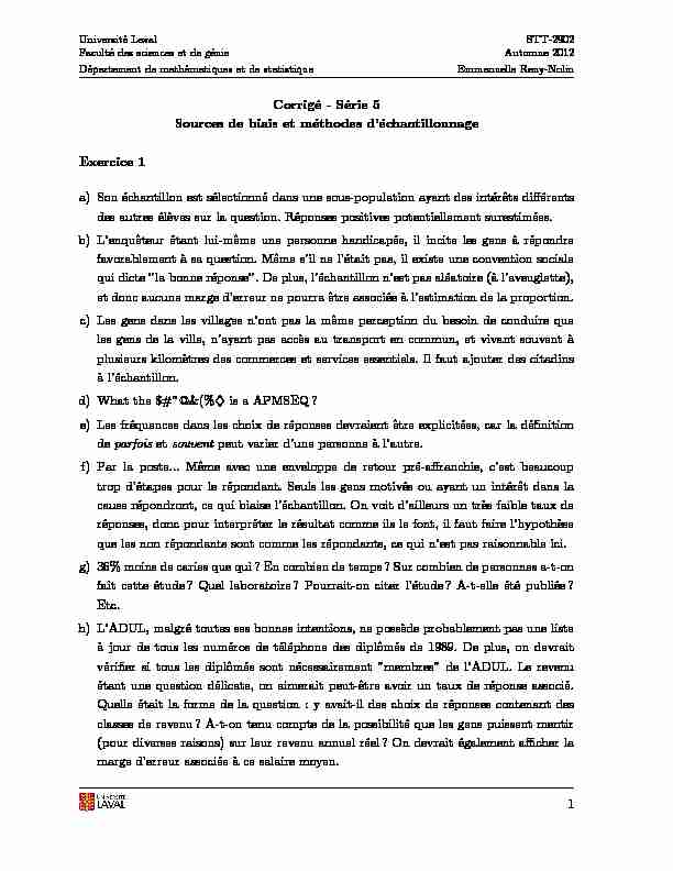 [PDF] Corrigé - Série 5 Sources de biais et méthodes d  - Université Laval