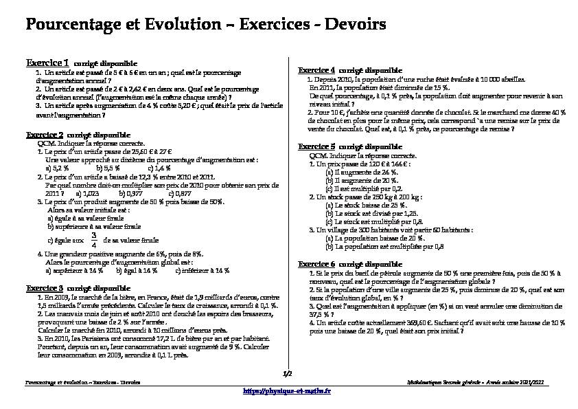 pdf Seconde générale - Pourcentage et évolution - Exercices - Devoirs