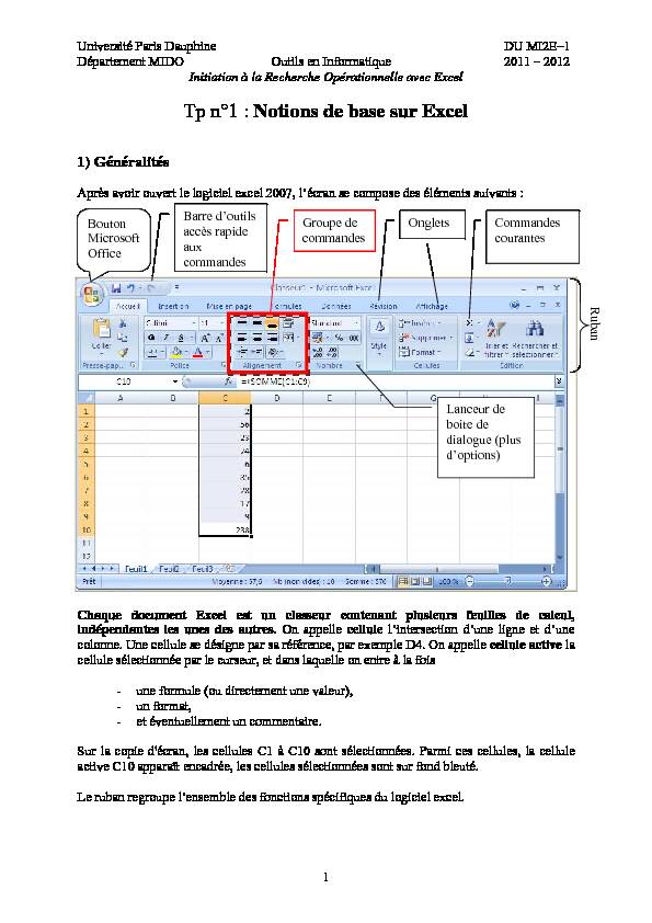[PDF] Tp n°1 : Notions de base sur Excel - LAMSADE - Université Paris