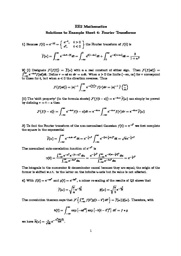 [PDF] EE2 Mathematics Solutions to Example Sheet 4: Fourier Transforms