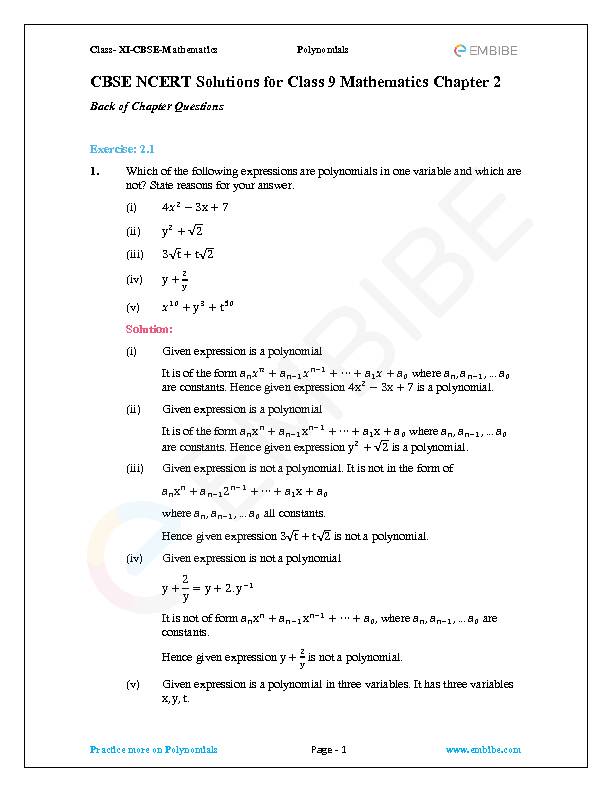 CBSE NCERT Solutions for Class 9 Mathematics Chapter 2