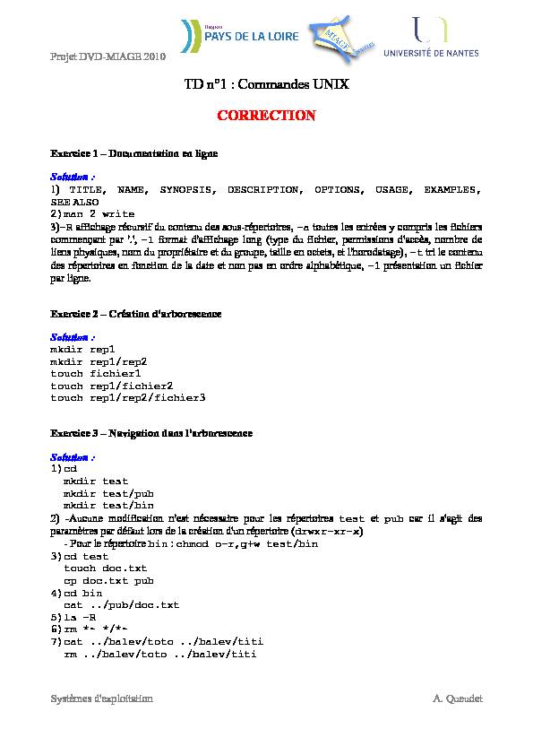 [PDF] TD n°1 : Commandes UNIX CORRECTION - MIAGE de Nantes