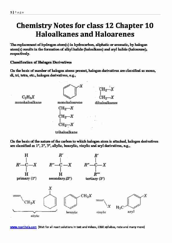Chemistry Notes for class 12 Chapter 10 Haloalkanes and Haloarenes
