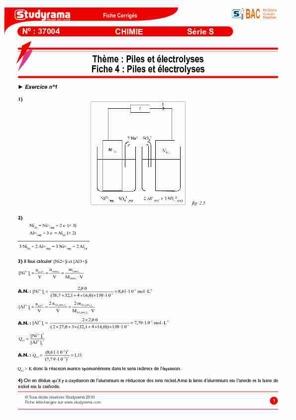 pdf Thème : Piles et électrolyses Fiche 4 : Piles et électrolyses