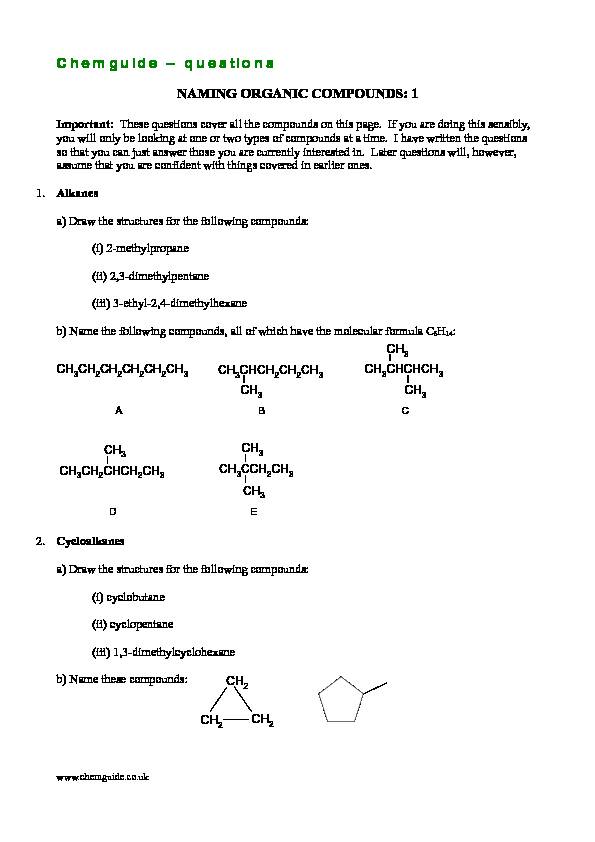 [PDF] questions NAMING ORGANIC COMPOUNDS: 1 - Chemguide