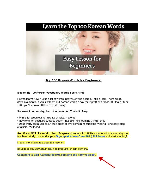 [PDF] Top Korean 100 Words PDF - LinguaJunkiecom