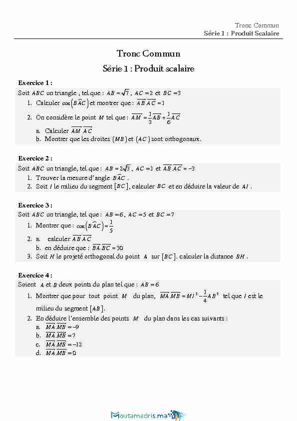 pdf Produit scalaire : exercices de maths en terminale corrigés - Mathovore