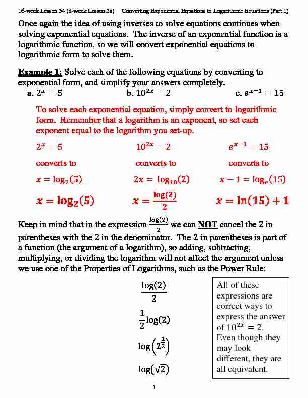 [PDF] Converting Exponential Equations to Logarithmic Equations (Part 1)