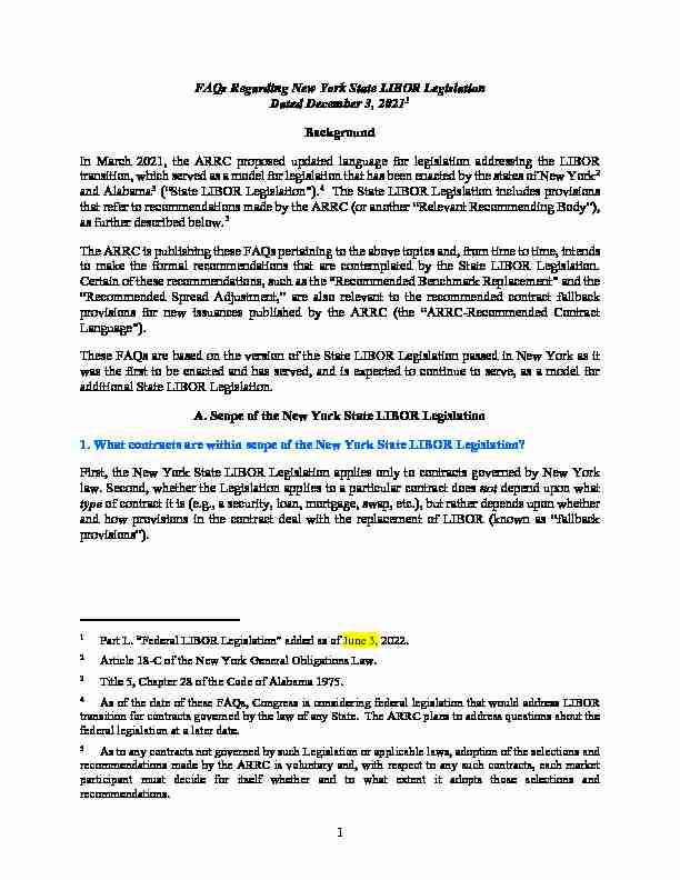 1 FAQs Regarding New York State LIBOR Legislation Dated