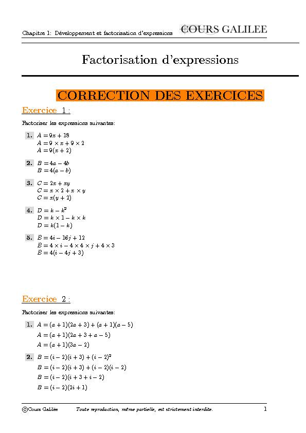 pdf Factorisation d’expressions CORRECTION DES EXERCICES