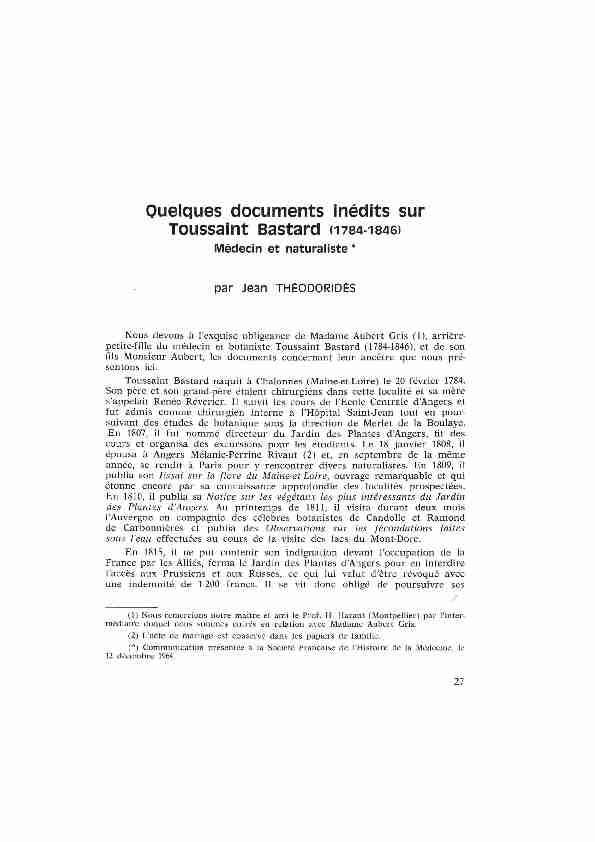 Quelques documents inédits sur Toussaint Bastard (1784-1846)