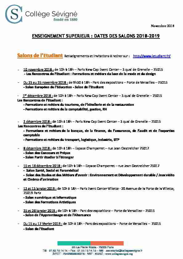 [PDF] DATES DES SALONS 2018-2019 - College Sevigne
