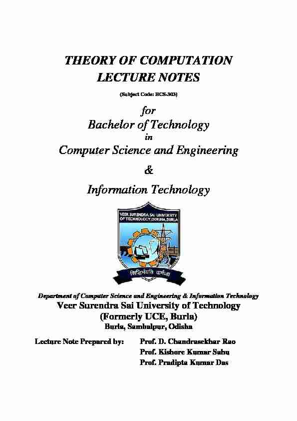 THEORY OF COMPUTATION LECTURE NOTES Bachelor of