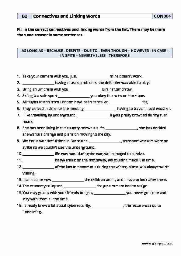 Connectives and Linking Words - PDF Grammar Worksheet - B2