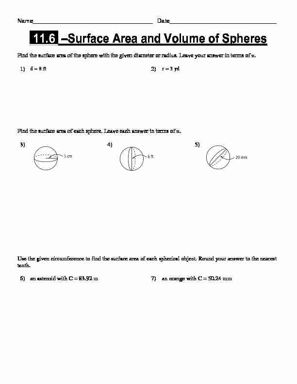 [PDF] 116 –Surface Area and Volume of Spheres